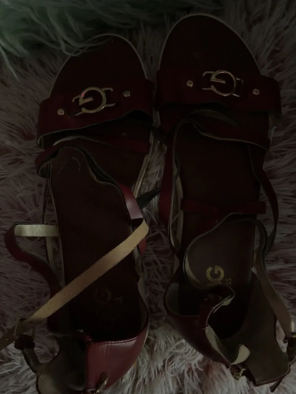 Guess Women’s Burgundy Strappy Sandals with Gold Trim